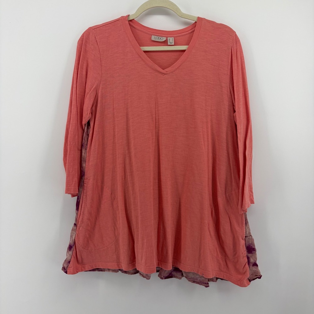 LOGO Lori Goldstein Womens Medium Coral Tunic V-Neck Tie-Dye Tiered Mixed Media